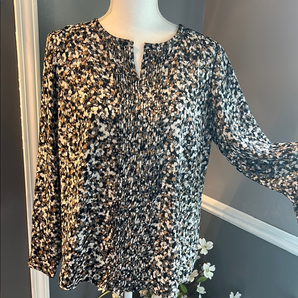Talbots Black and Cream Ruffled Blouse with Mandarin Collar